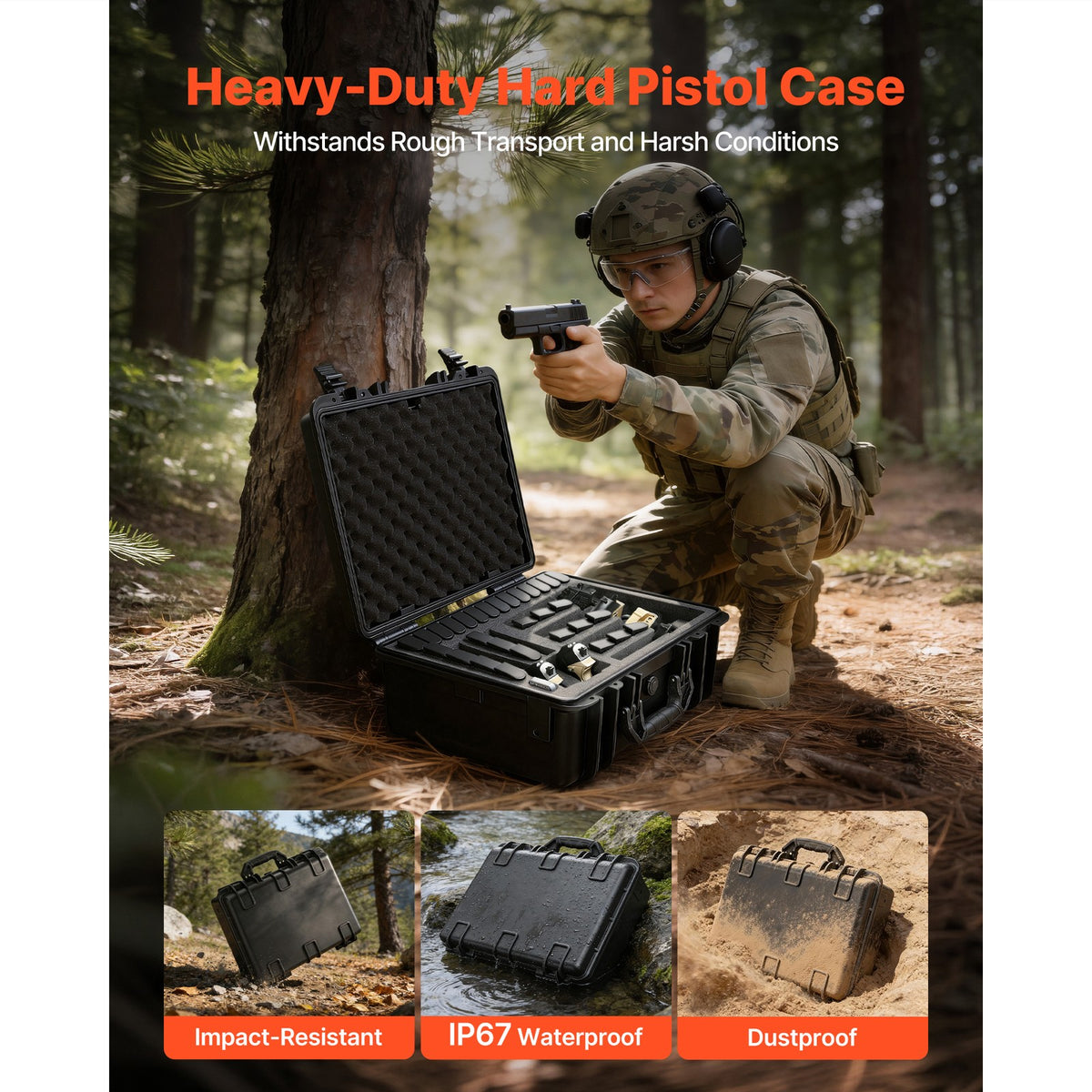 Hard Pistol Case with Foam Interior - Secure, Waterproof Gun Storage 18.7x12.5x7.5in