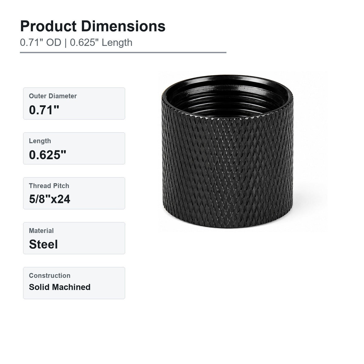Steel Thread Protector 5/8x24 for Firearms - Black Oxide, Knurled Surface