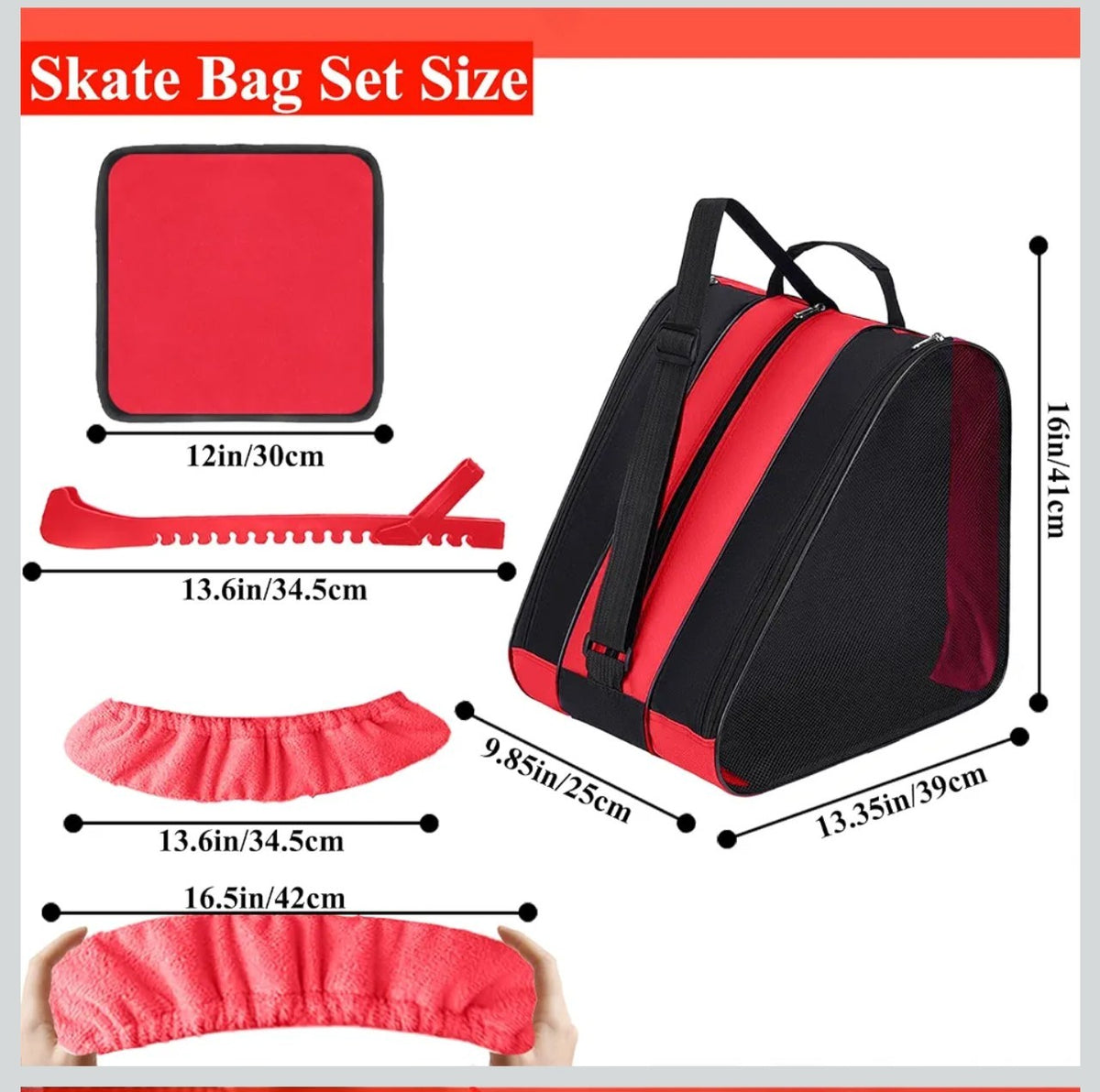 Ice Skate Accessories Set with Bag Guards Soakers Mat Red Black 16x13.35in
