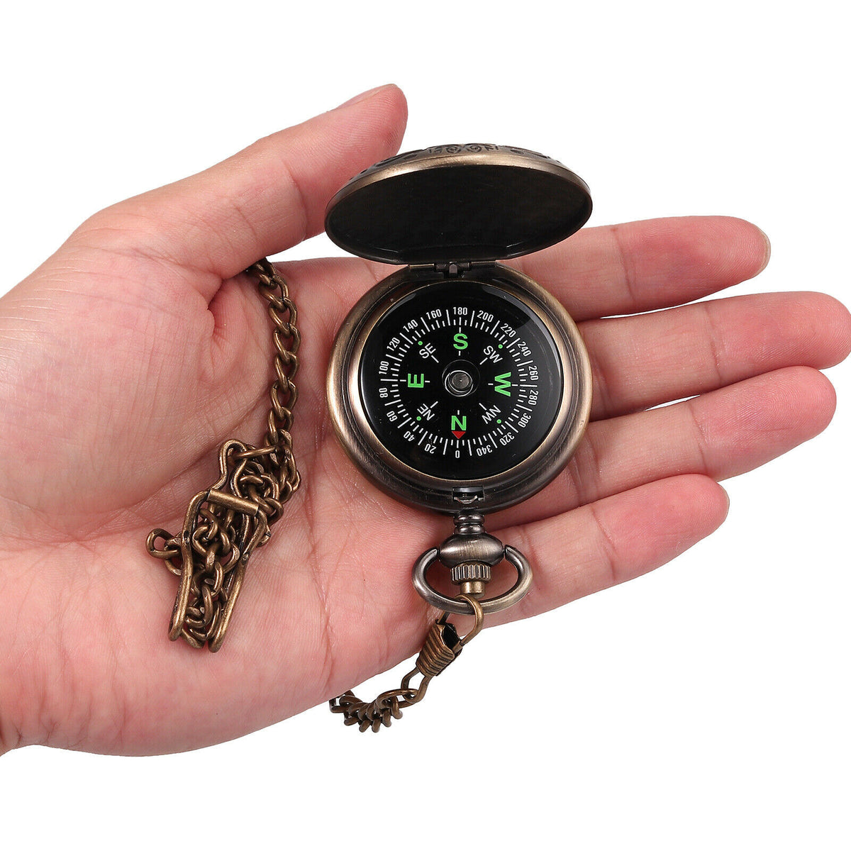Outdoor Camping Hiking Brass Pocket Compass with Chain and Bag