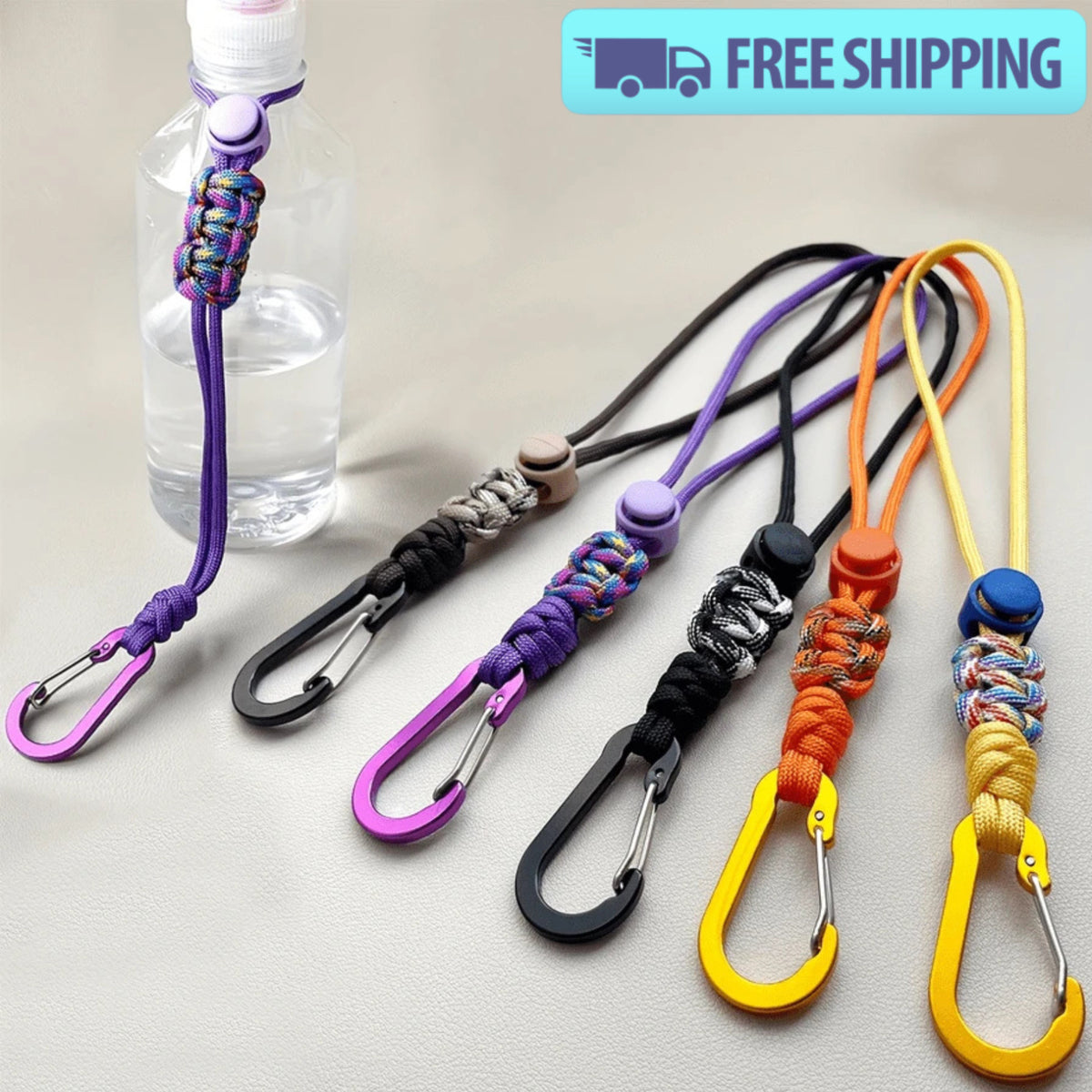 Adjustable Paracord Water Bottle Holder with Carabiner Keychain
