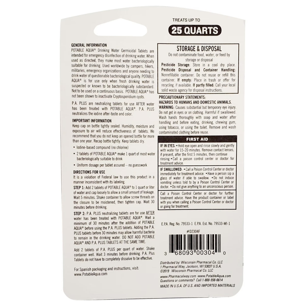 Potable Aqua Water Purification Tablets PA Plus - Emergency Water Treatment 100 Tabs