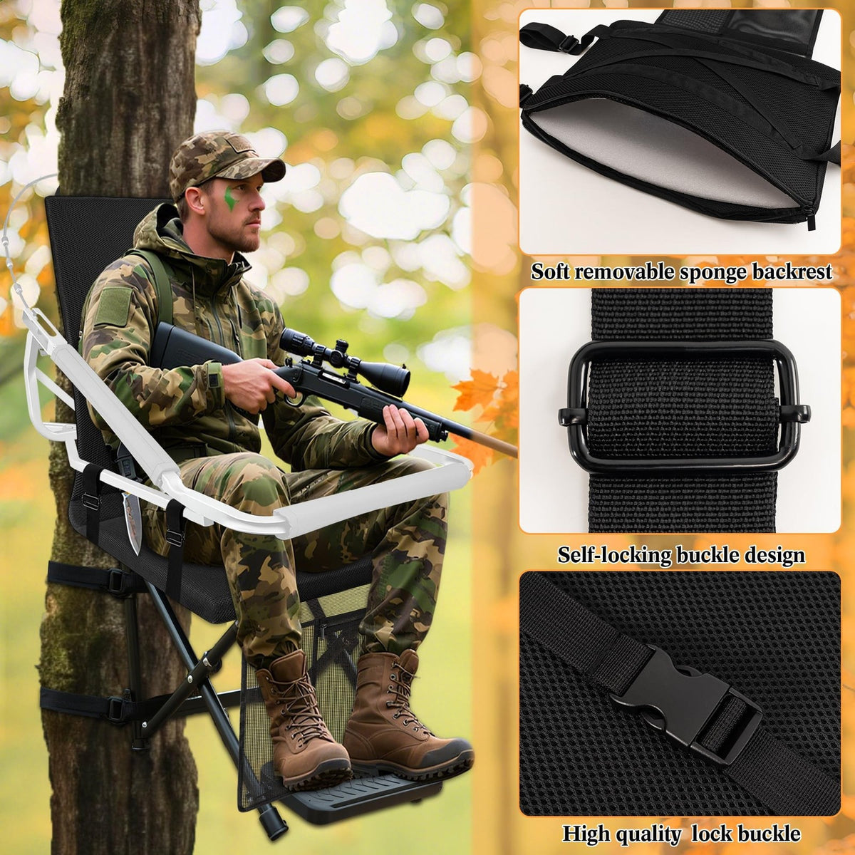 Hunting Tree Stand Seat Replacement with Adjustable Backrest and Storage Pockets