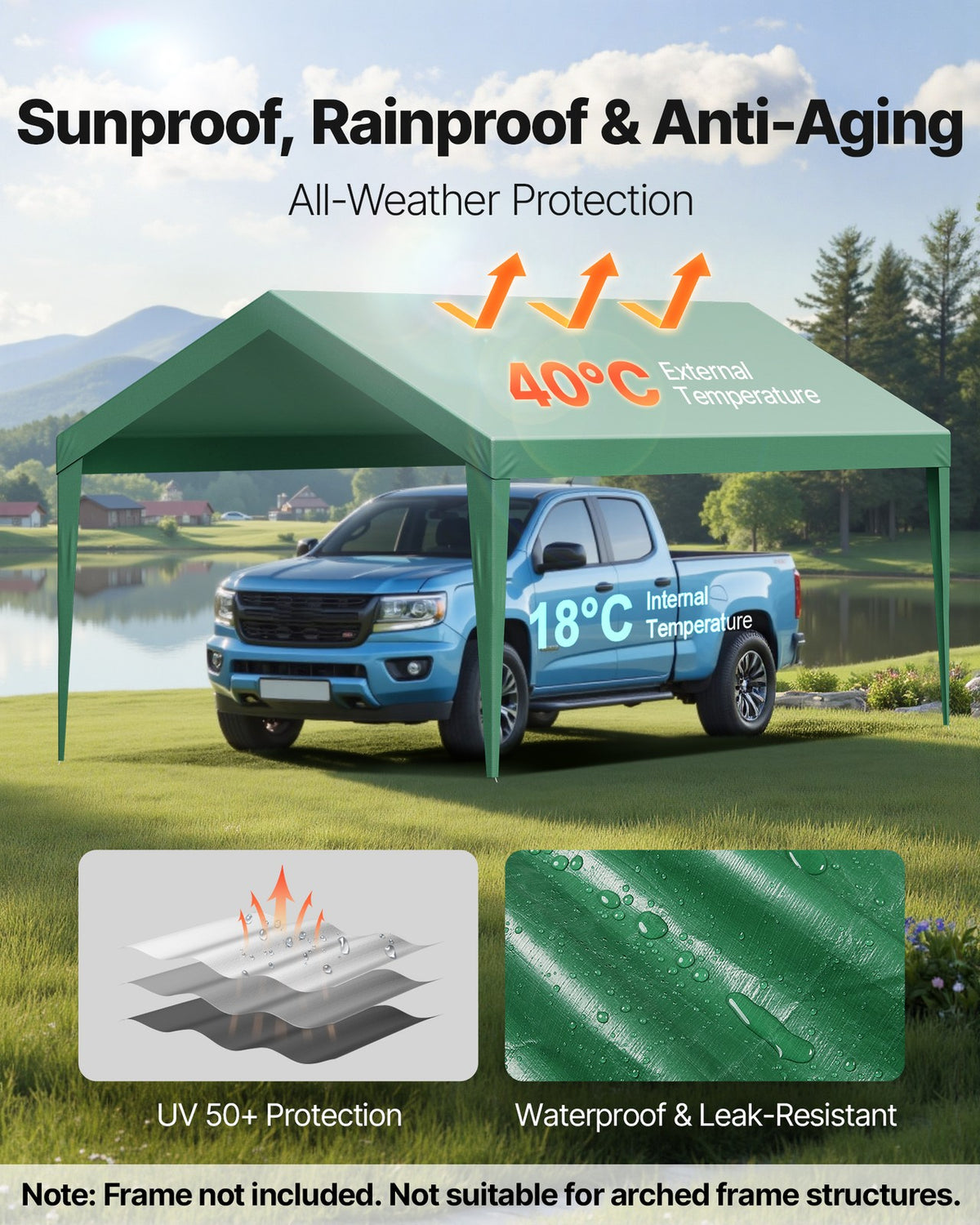 10x20 ft Carport Replacement Canopy Cover UV-Resistant Weatherproof Tarp