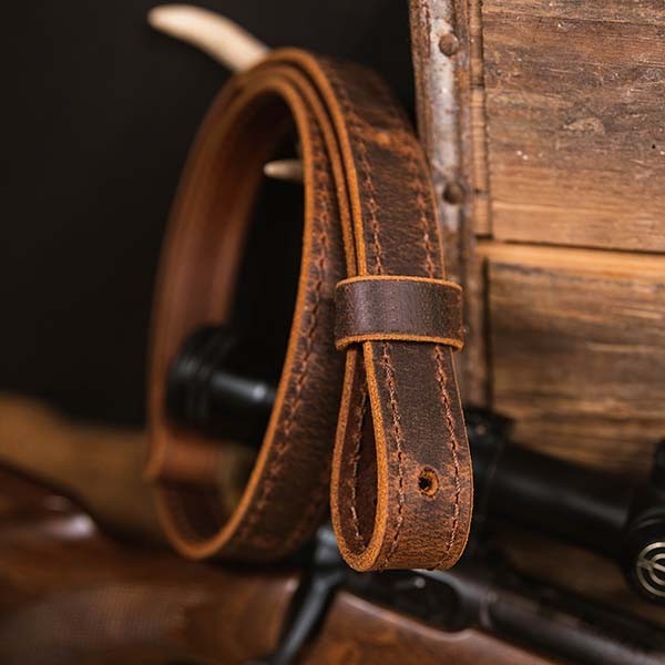 Buffalo Leather Rifle Sling - Amish Handmade 1-Inch Brown Gun Strap