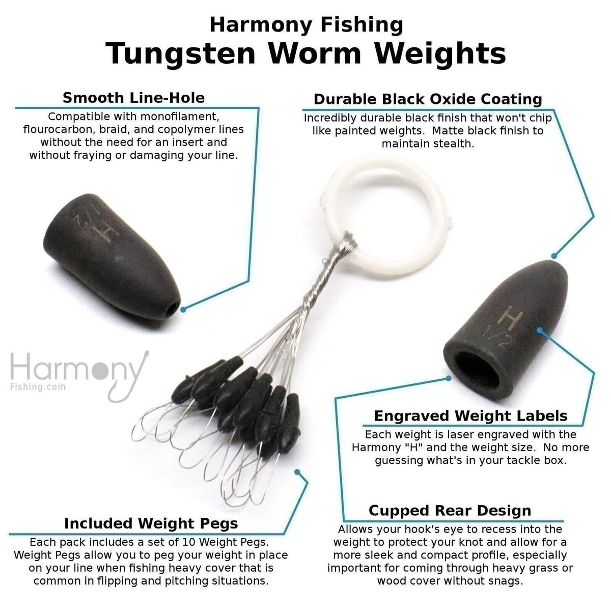 Tungsten Worm Weights for Fishing - Chip-Proof, Includes Weight Pegs, Multiple Sizes