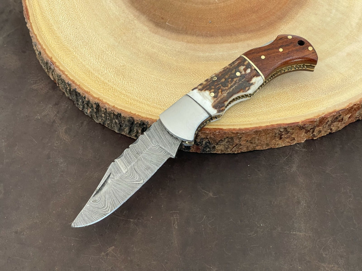 Handmade Damascus Folding Knife with Multiple Color Variants