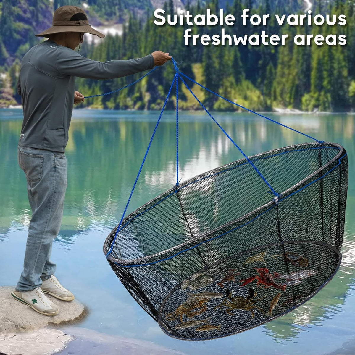 Foldable Heavy Duty Fishing Net with Rope - Rubber Coated Landing Net for Minnows