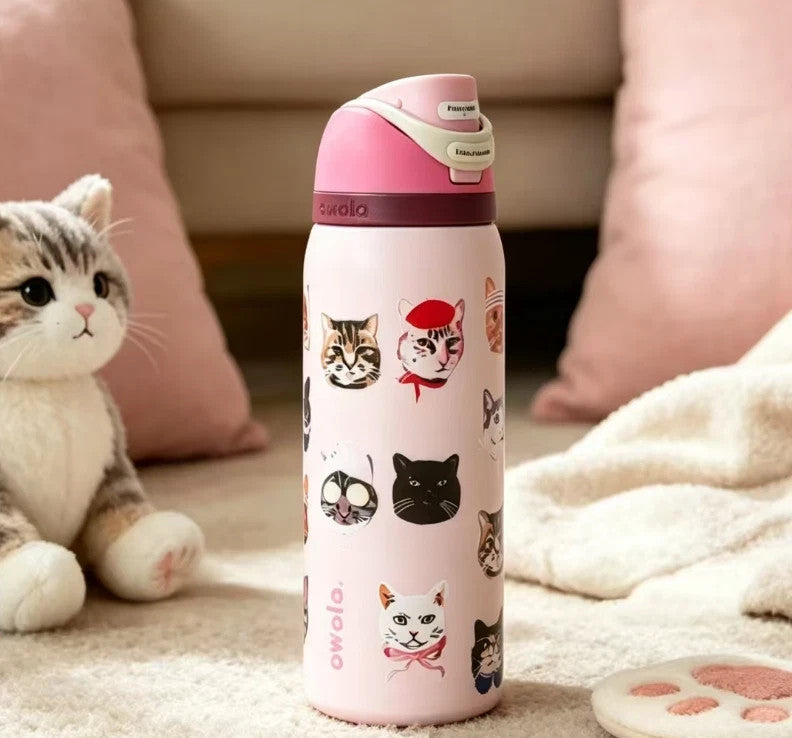 32oz Cat Collage Water Bottle - Pink, Leakproof, Portable Hydration