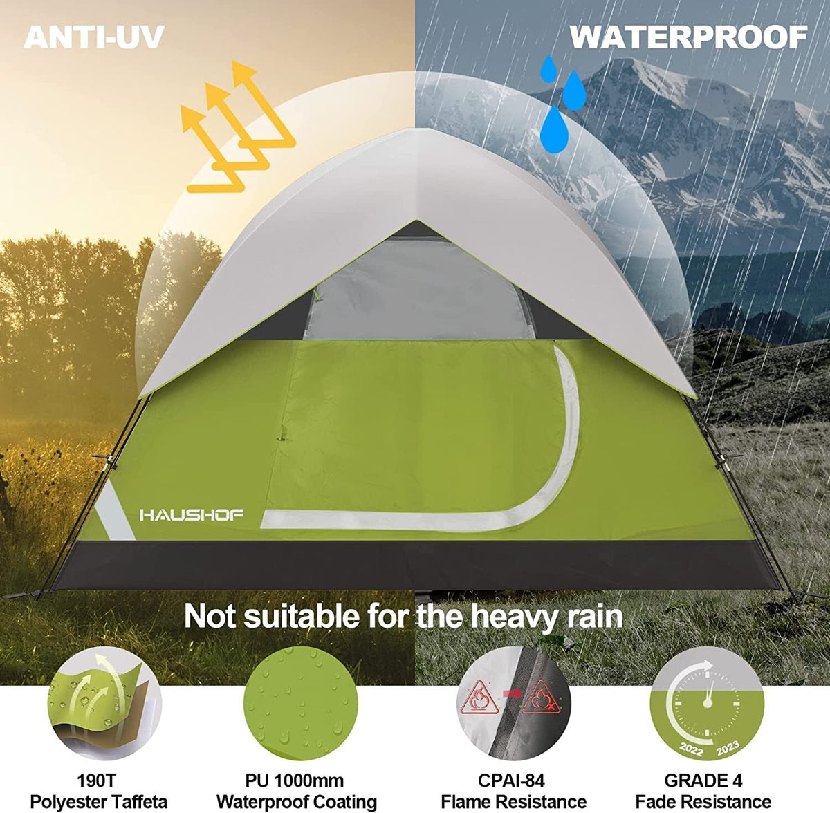 Family Dome Camping Tent with Removable Rainfly, 2-4 Person, Waterproof & Easy Setup