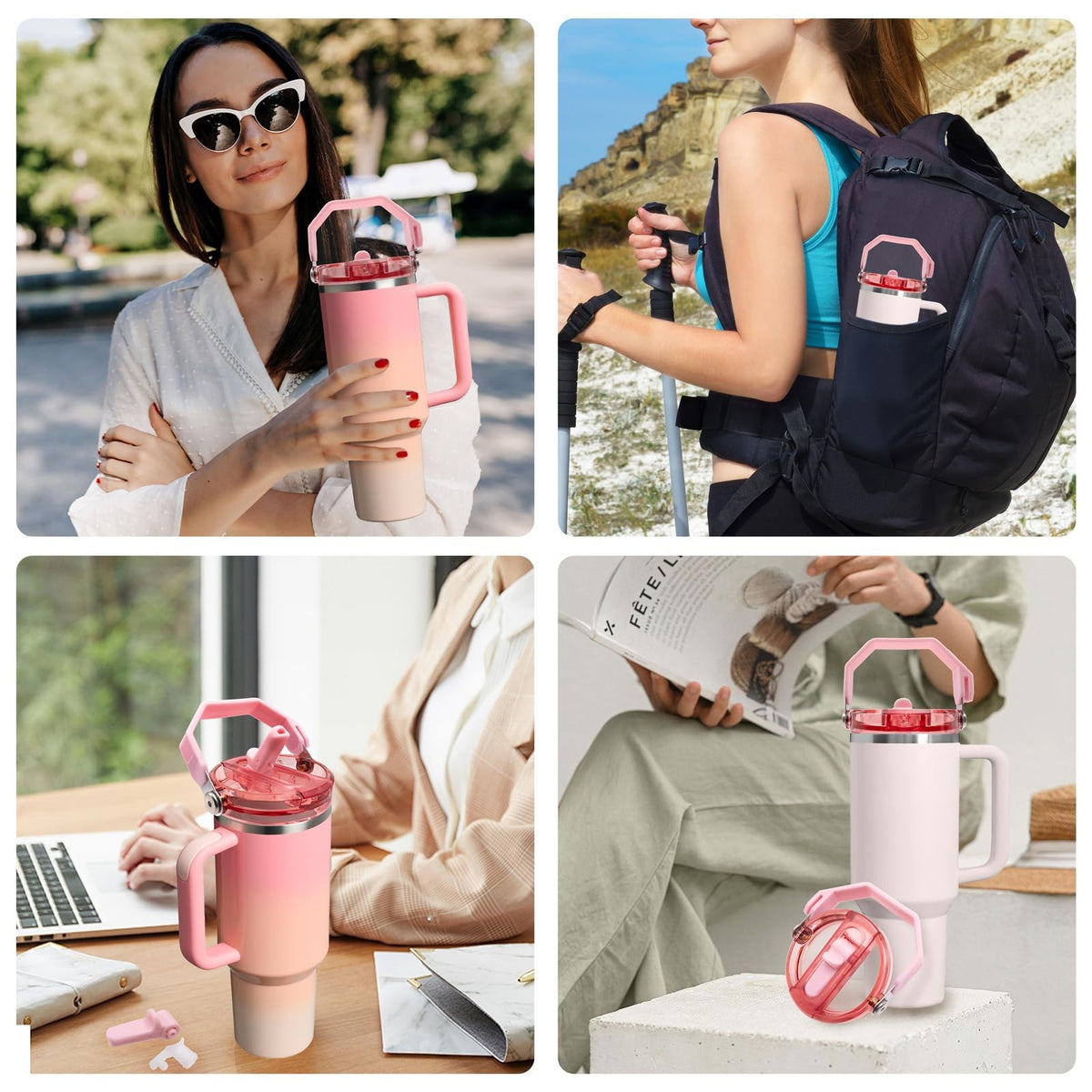 Leakproof Flip Straw Lid with Handle for 40oz Stanley Quencher Pink