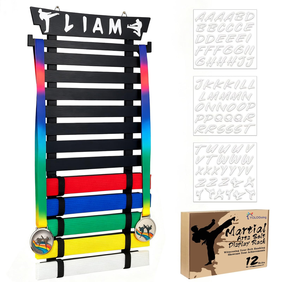 Martial Arts Belt Display Rack for 12 Belts with Stickers & Medal Hanger