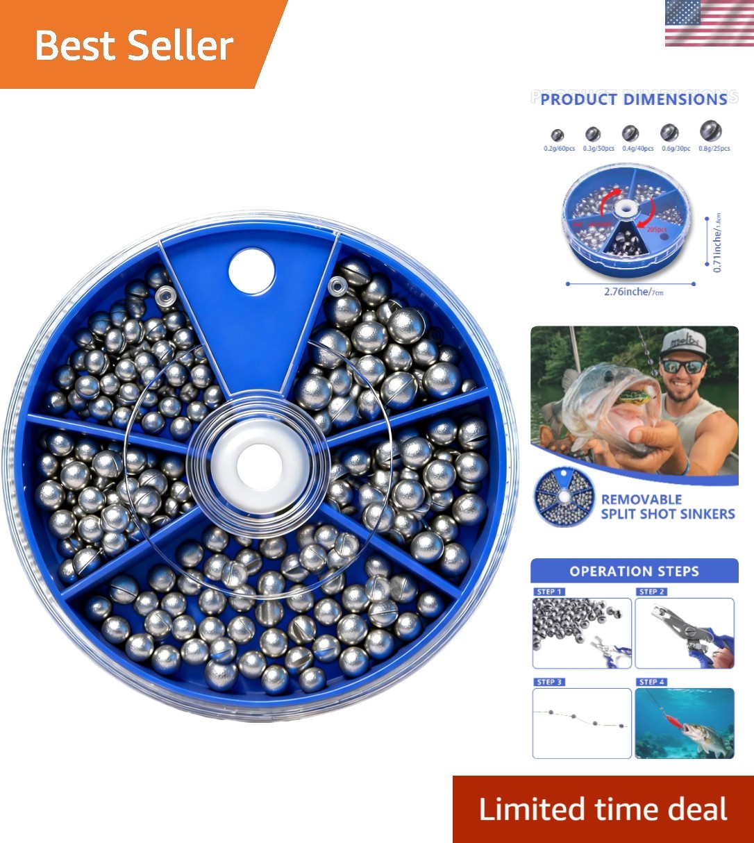 Fishing Lead Sinkers Set 205 Pieces with 5 Sizes for Angling