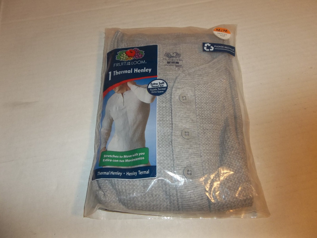 Fruit of the Loom Men's Thermal Henley Top - Light Grey Heather, Size Medium