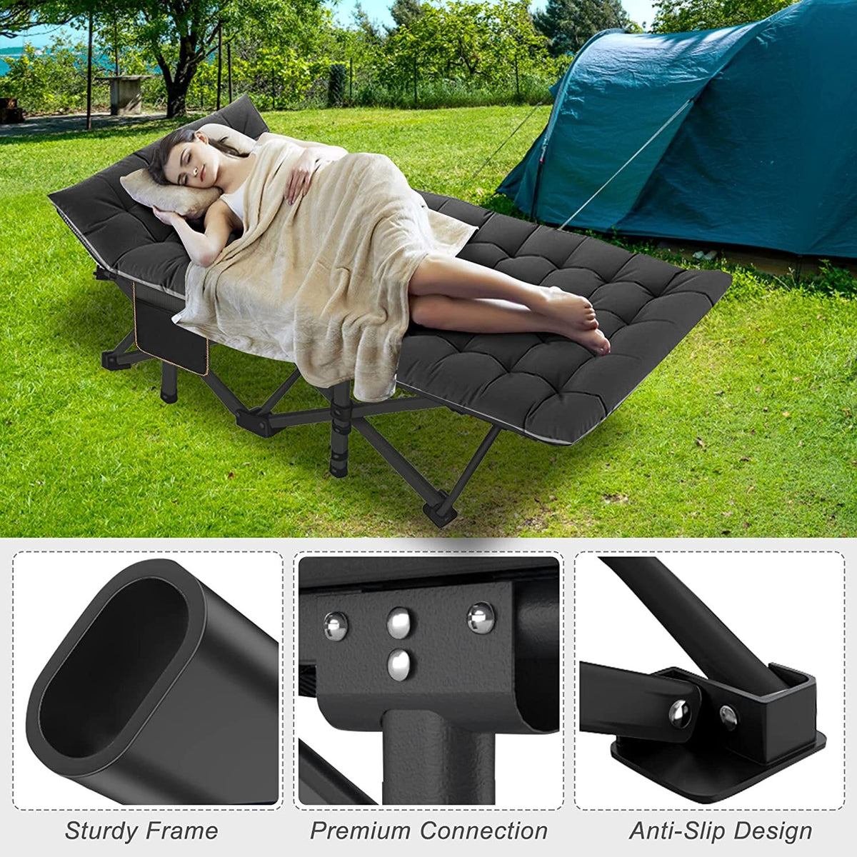 Heavy Duty Folding Camping Cot with Mattress - Portable Wide Bed for Adults