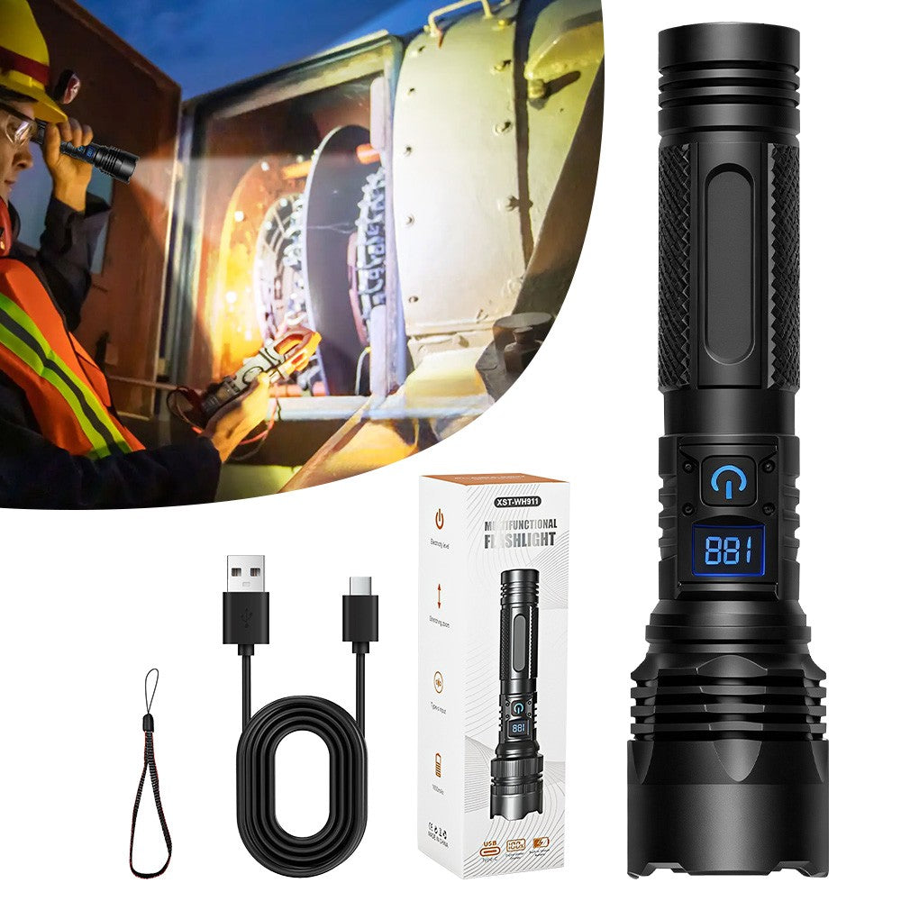 Rechargeable LED Tactical Flashlight with Zoom & Power Display - 20W, 500m Range