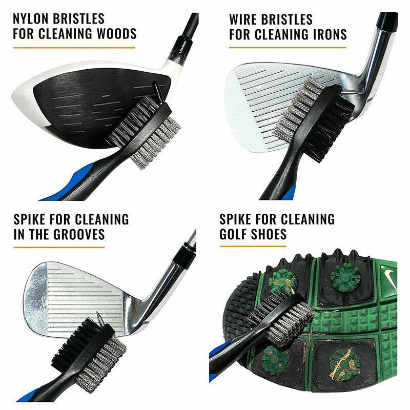 Golf Club Cleaning Brush & Groove Cleaner with Retractable Zip Line - 2 ft Aluminum Carabiner