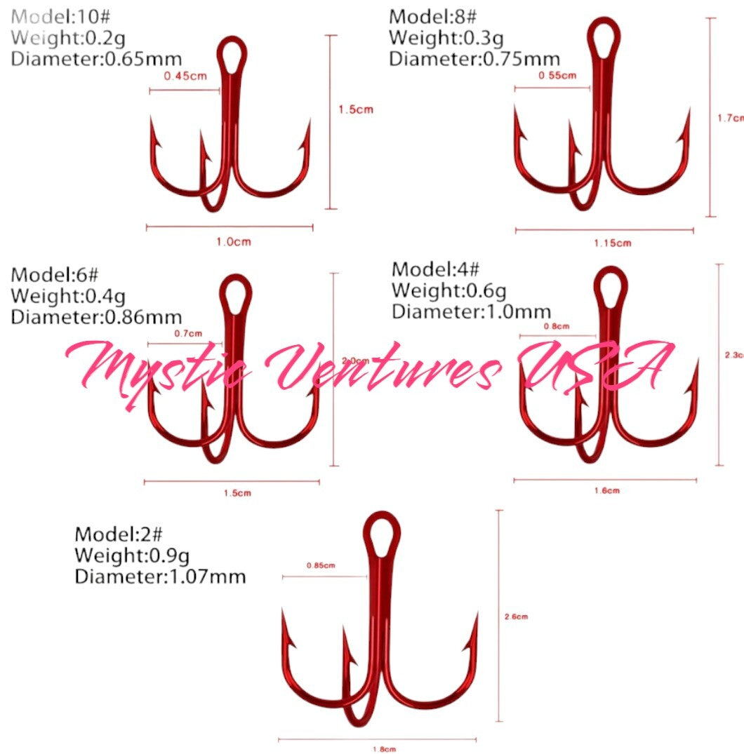 50 Pcs Red Treble Fishing Hooks Carbon Steel Bait Hooks for Freshwater & Saltwater