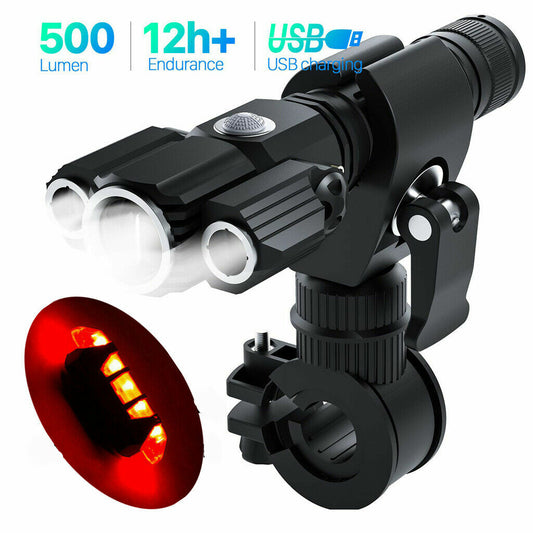 Rechargeable 500LM Bicycle Front & Rear LED Headlight Set with Zoomable & Swivel Features