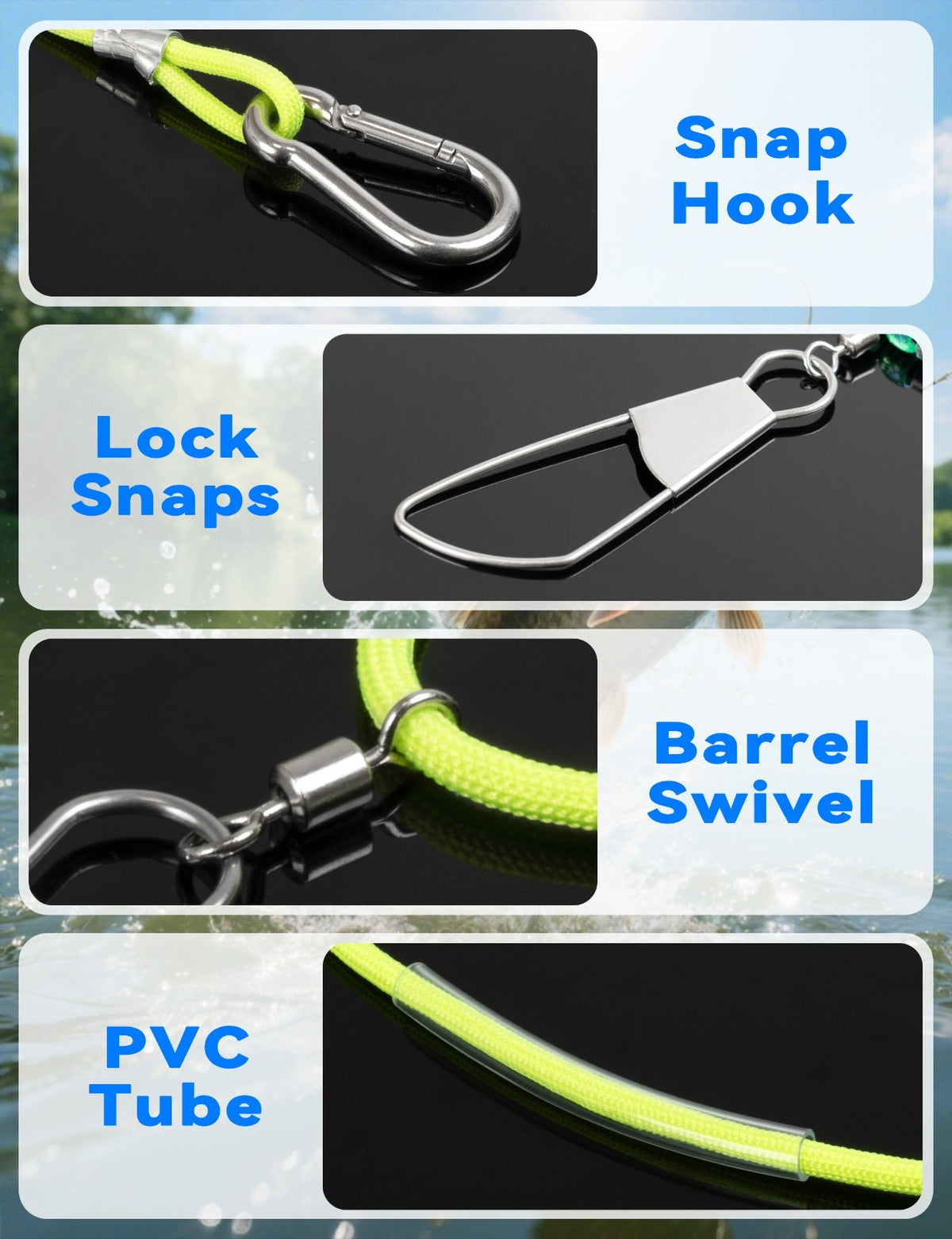 8ft Fishing Stringer with Stainless Steel Lock Snaps for Catch Organization