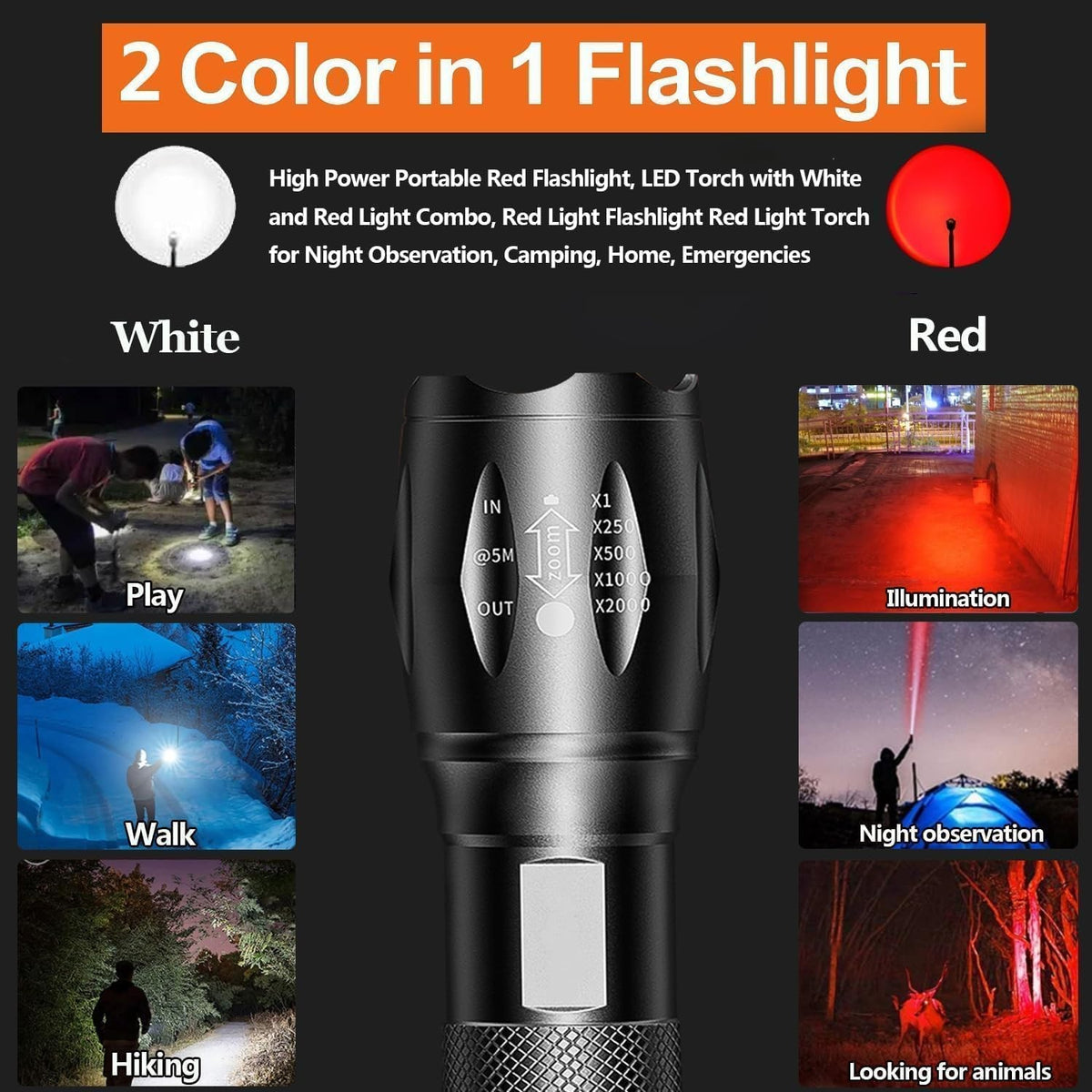Rechargeable LED Flashlight 2-in-1 Red & White Portable Torch for Outdoor Use