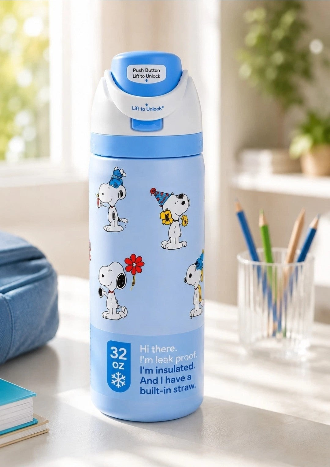 Insulated Kids Water Bottle with Straw - 32oz Snoopy Character Design