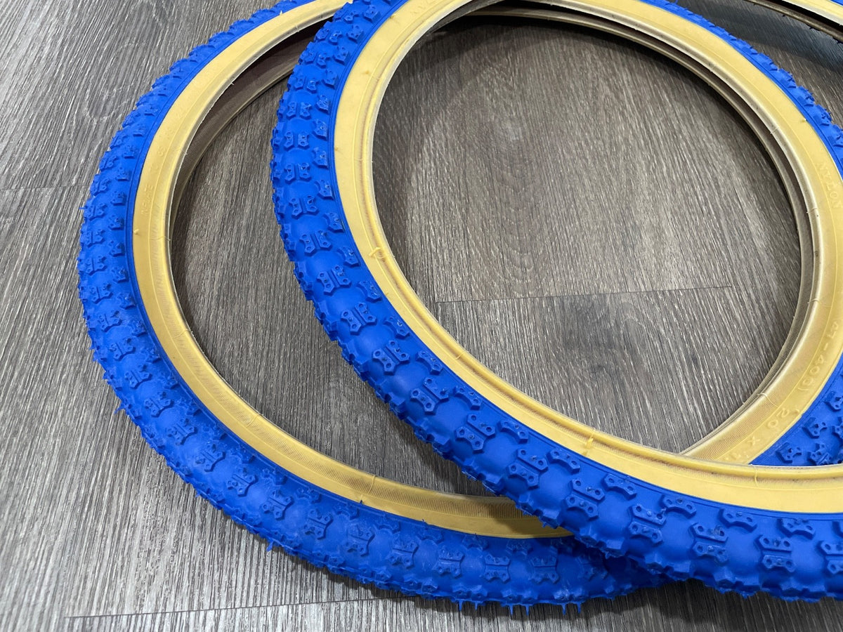 20-Inch BMX Bicycle Tires Staggered Set Blue Gumwall 1.75 & 2.125