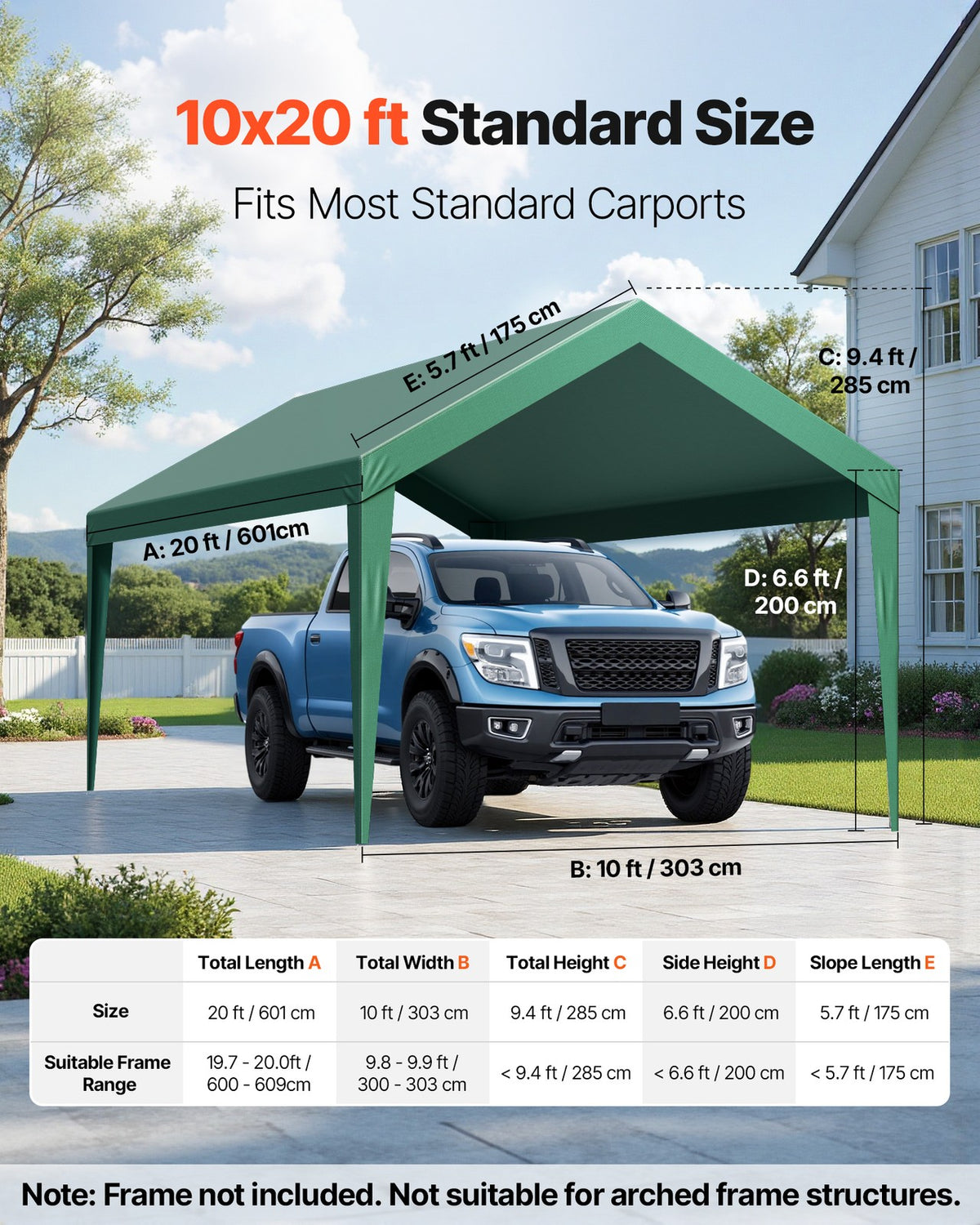 10x20 ft Carport Replacement Canopy Cover UV-Resistant Weatherproof Tarp