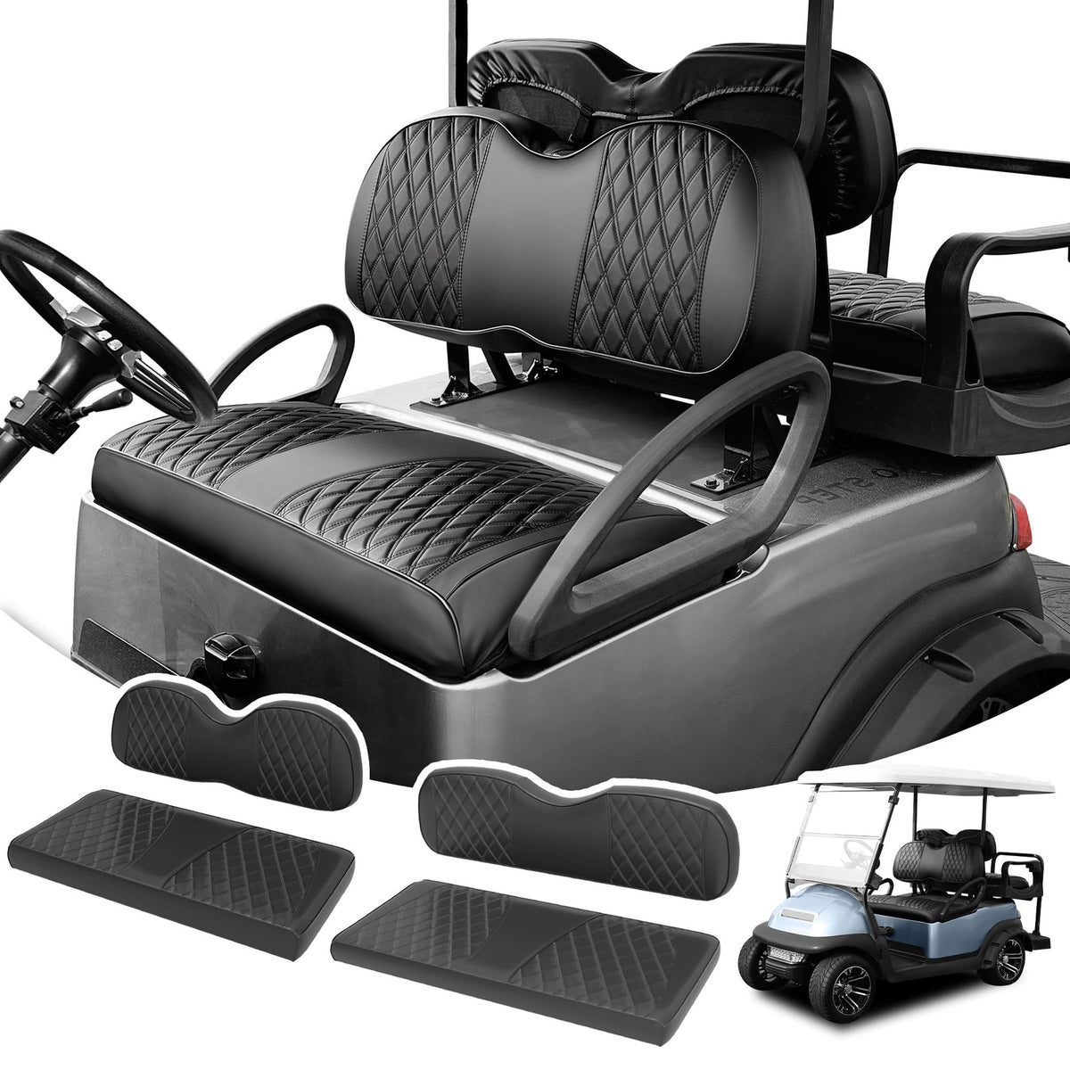 Golf Cart Seat Covers Set for Club Car Precedent Black - Easy Install, Durable PU Leather