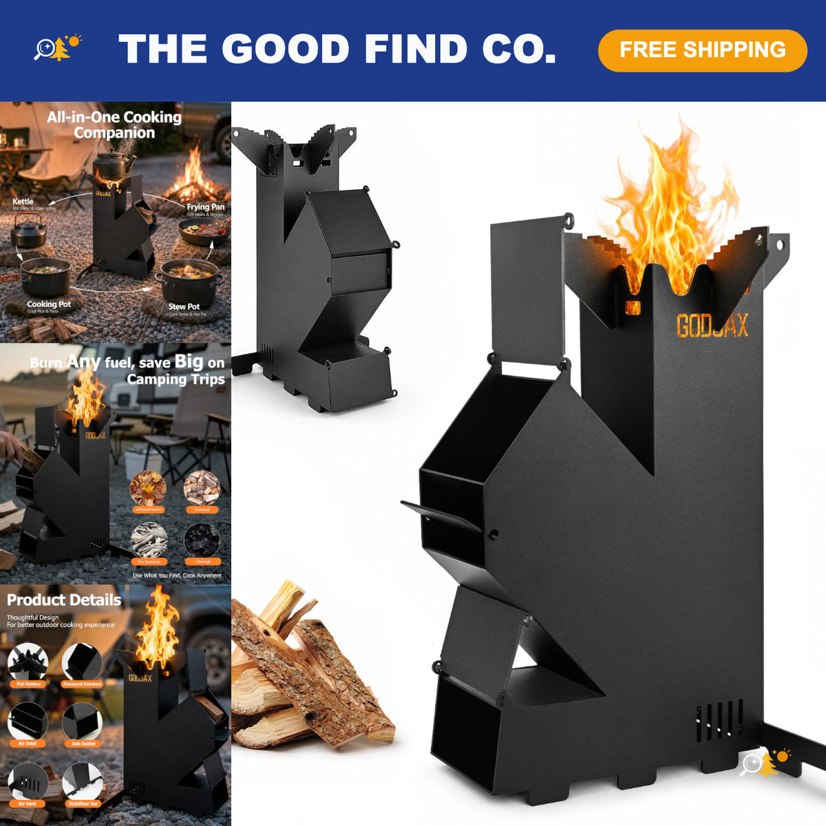 Portable Wood-Burning Camping Stove with Carry Bag - Outdoor Cookware