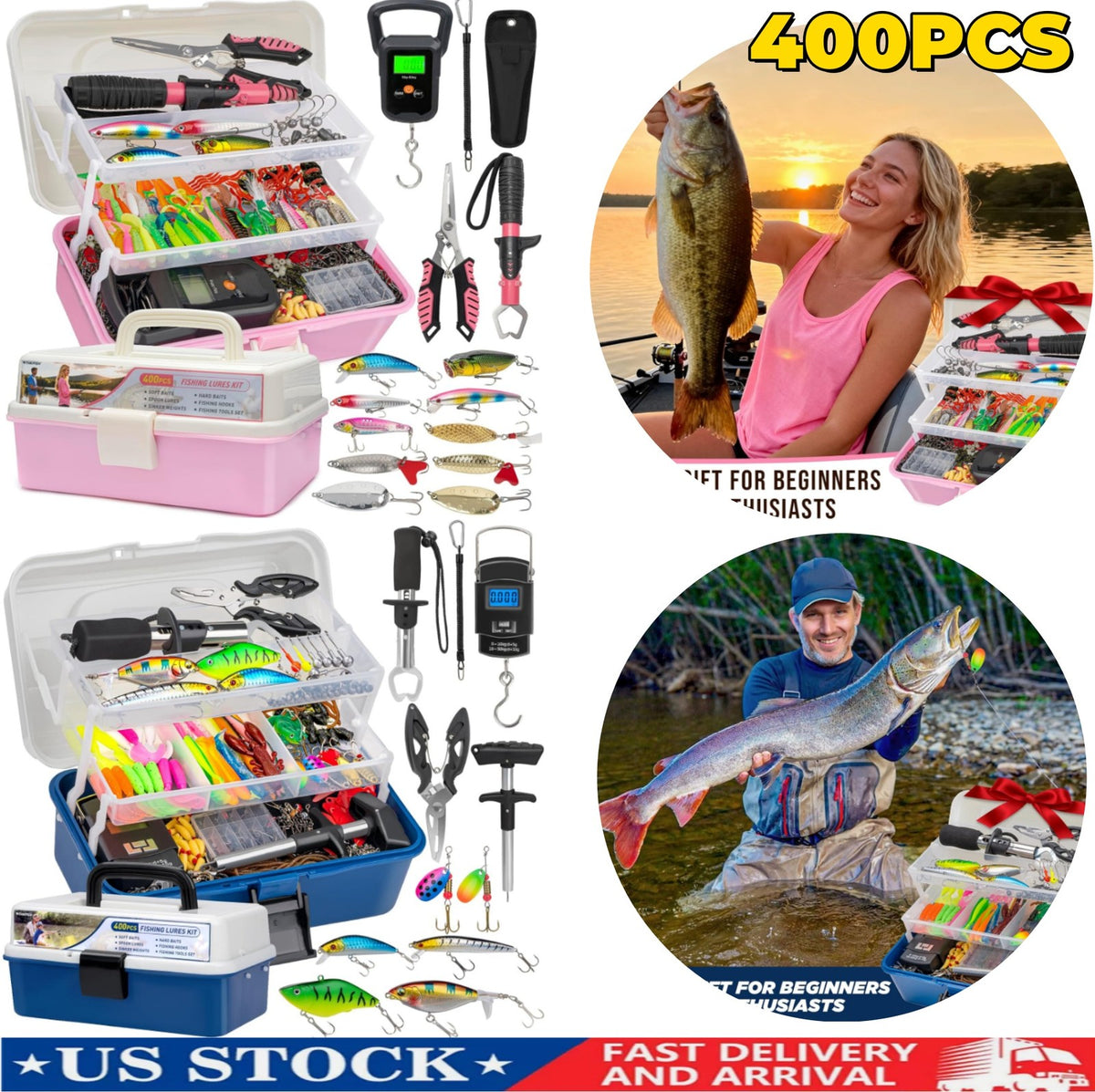Large 3-Layer Tackle Box Kit for Fishing Accessories and Lures - 400 Pieces