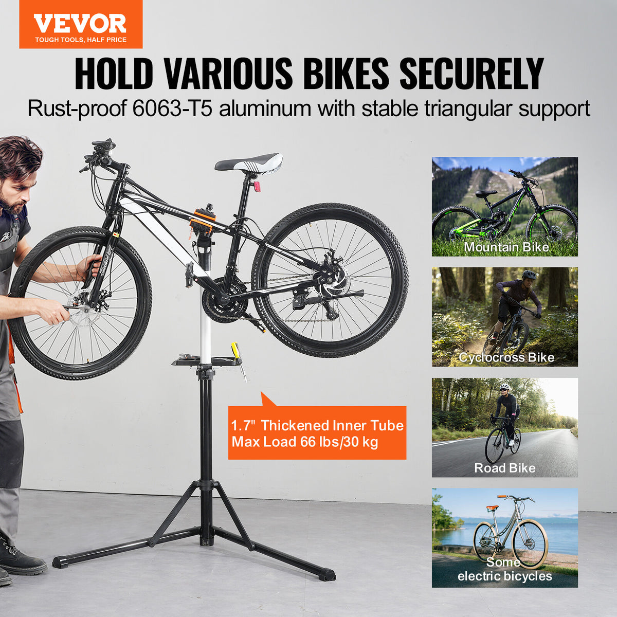 Bike Repair Stand Heavy-Duty Aluminum Folding Bicycle Work Stand with Adjustable Height and 66LBS Capacity
