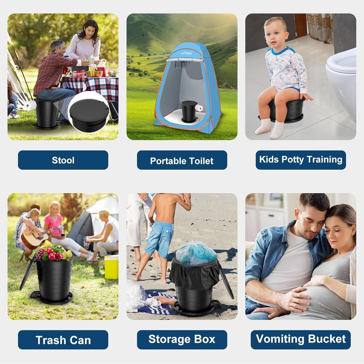 Portable Toilet for Camping with Retractable Design, Paper Holder & Lid