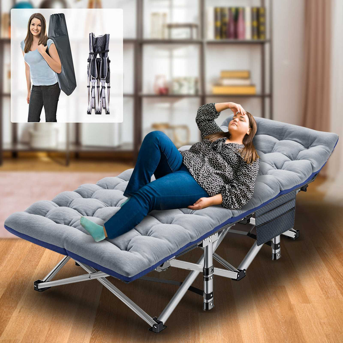Heavy Duty Folding Camping Cot with Mattress - Portable Wide Bed for Adults