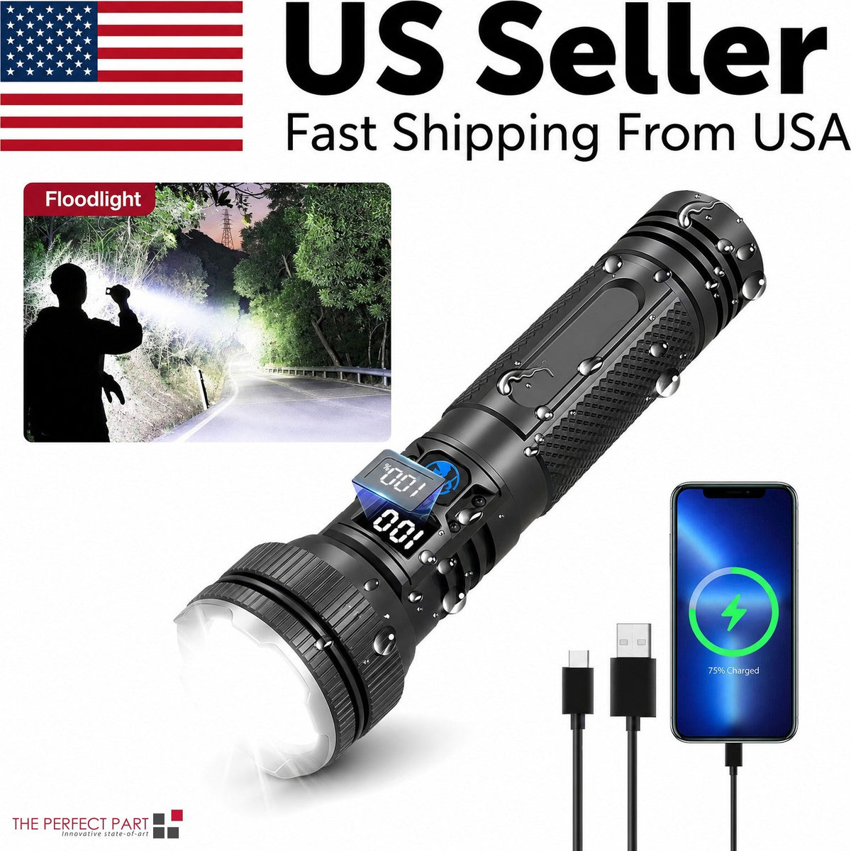 Super Bright Rechargeable LED Tactical Flashlight with Zoom Power Bank USB-C