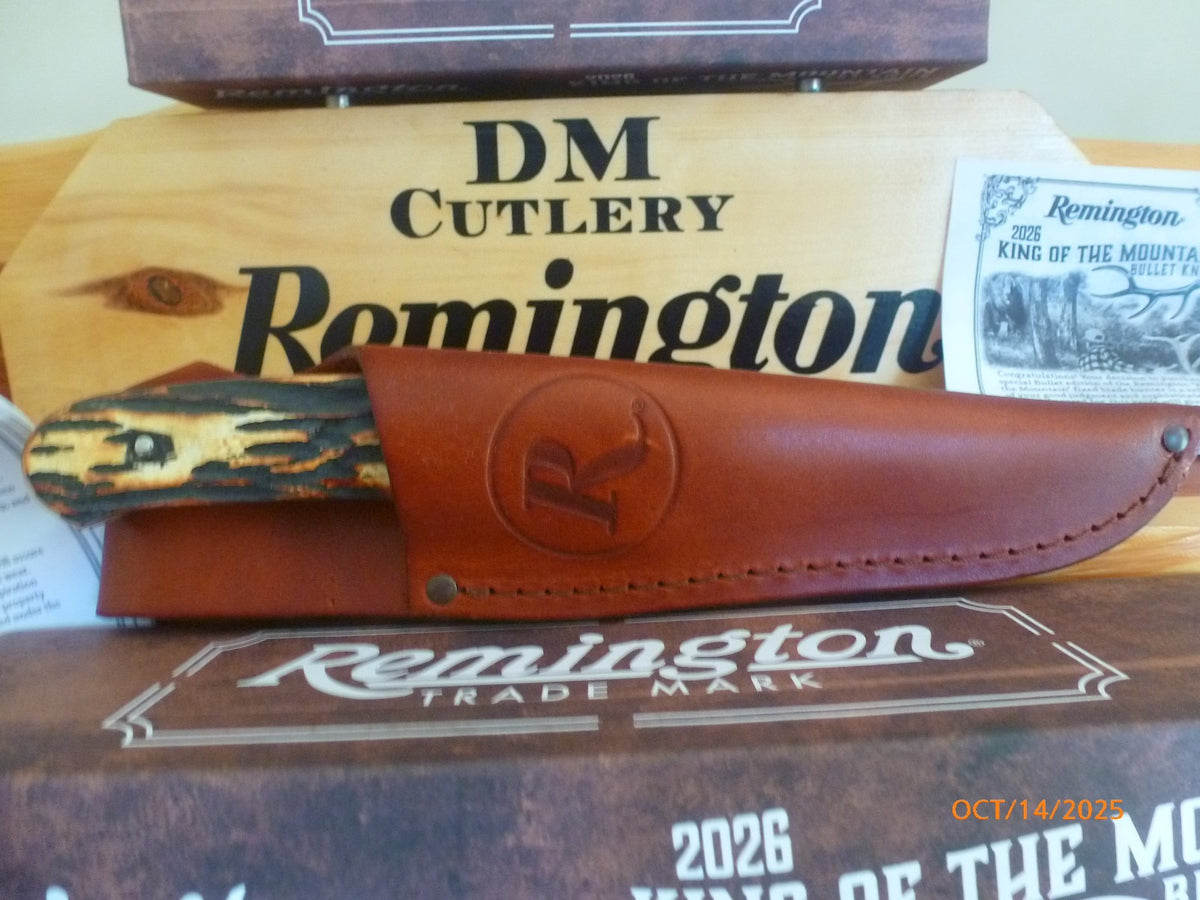 Remington Bullet Knife with Stag Bone Handle and Leather Sheath - Fixed Blade Collectible