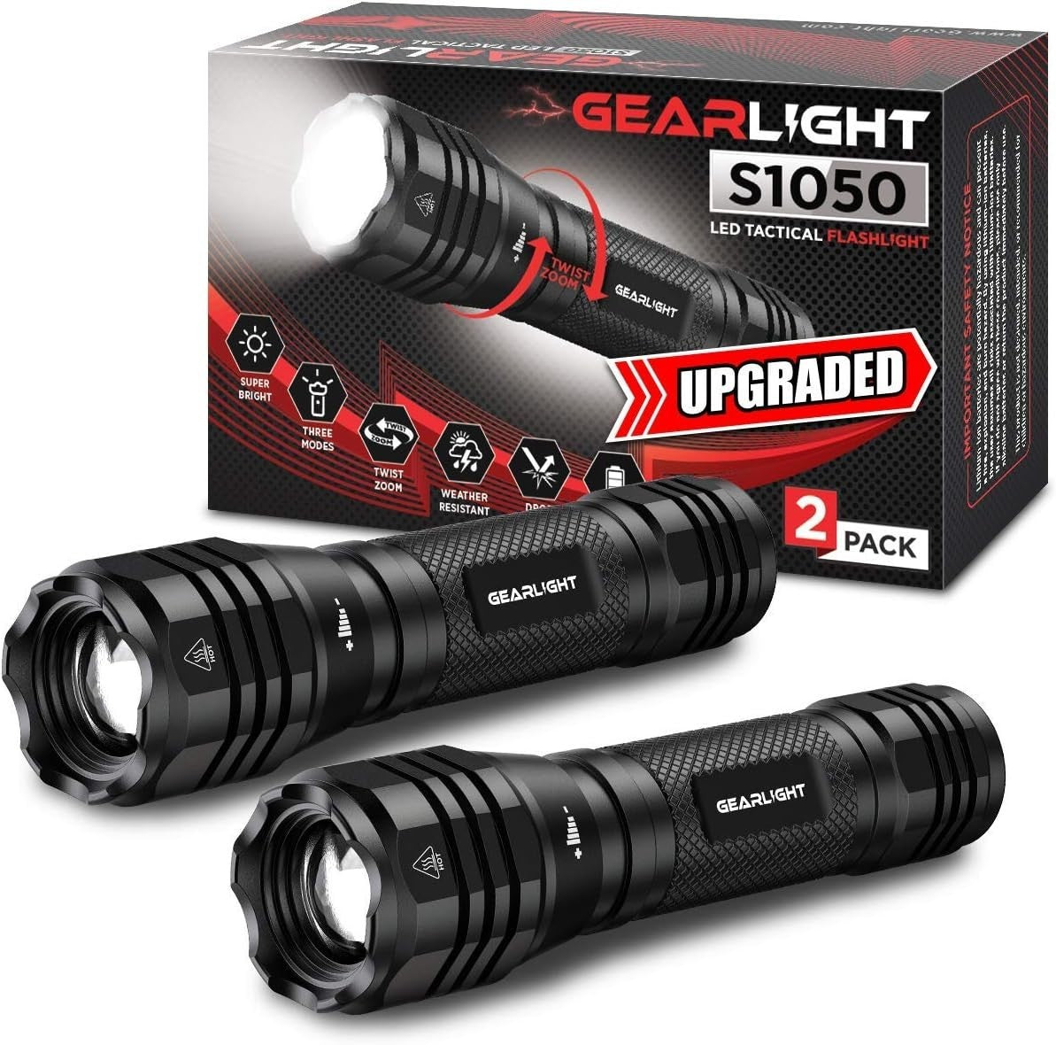 LED Flashlight 2-Pack High Lumens Waterproof Camping Hiking Walking Light