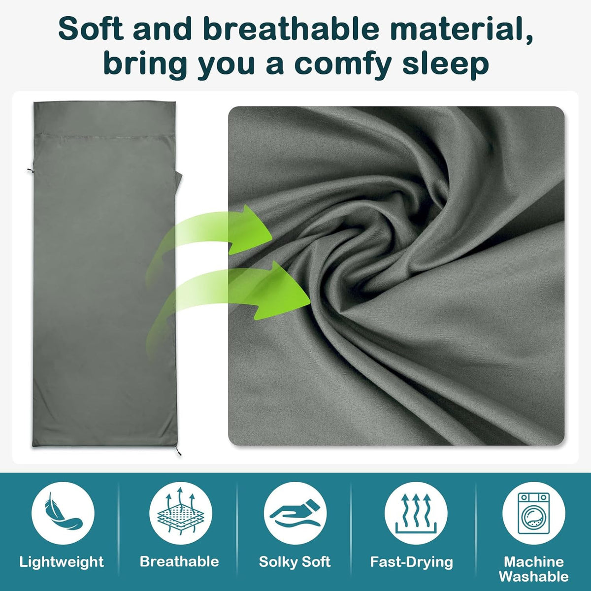 Ultralight Sleeping Bag Liner with 2-Way Zipper and Pillow Pocket - Compact Travel Sheet