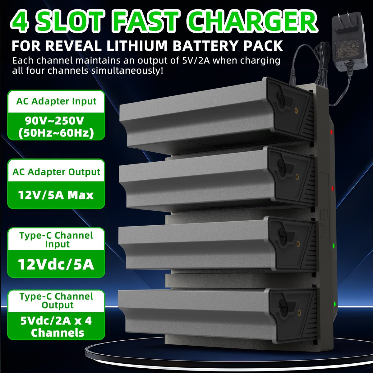 4-Port Lithium Cartridge Charger for Tactacam Reveal EM6 Batteries