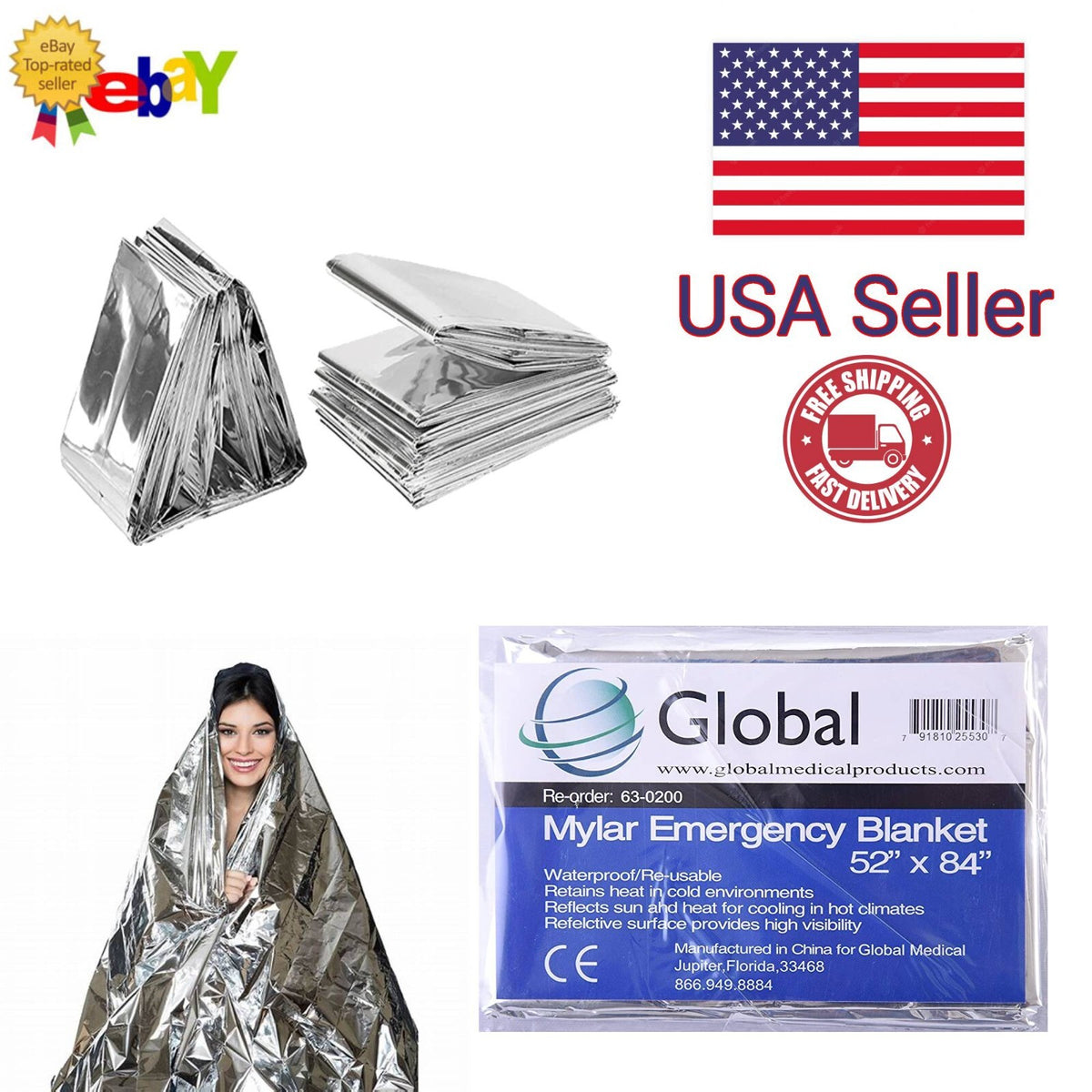 Extra Large Emergency Mylar Blanket 82x54 Survival Safety Pack of 2