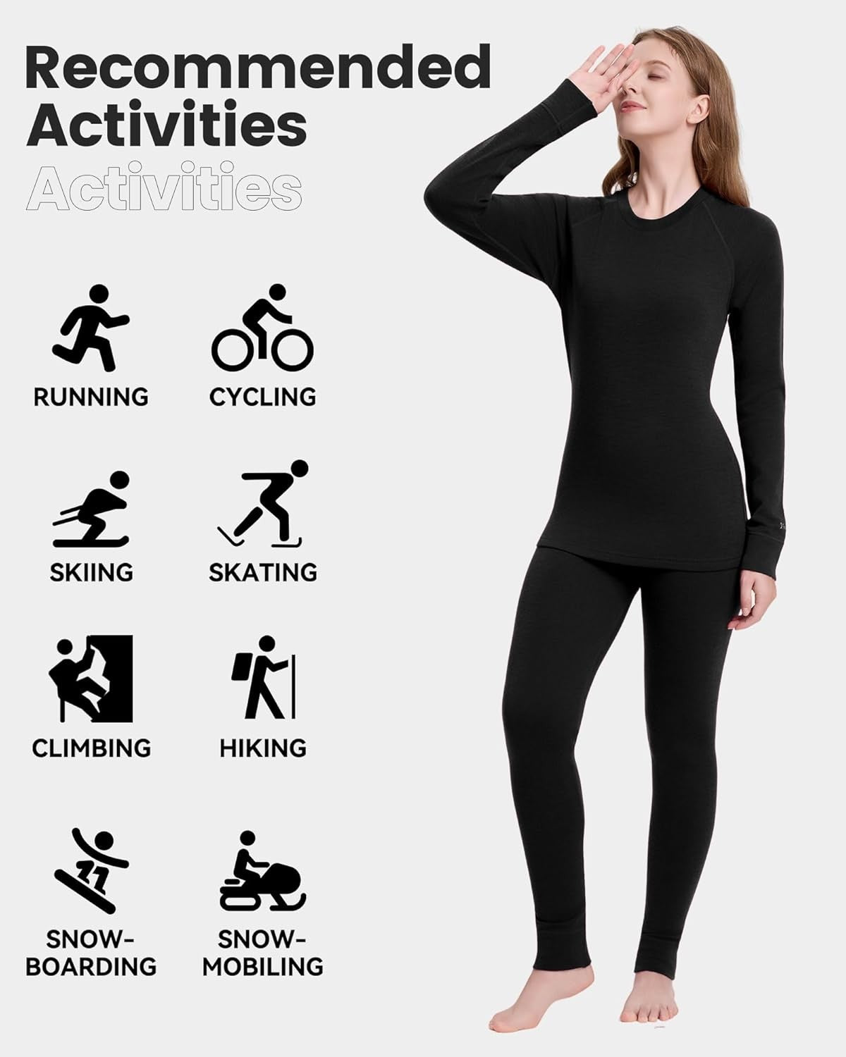Women's Merino Wool Base Layer Sets Thermal Underwear Ski 2PC Top & Long Johns
