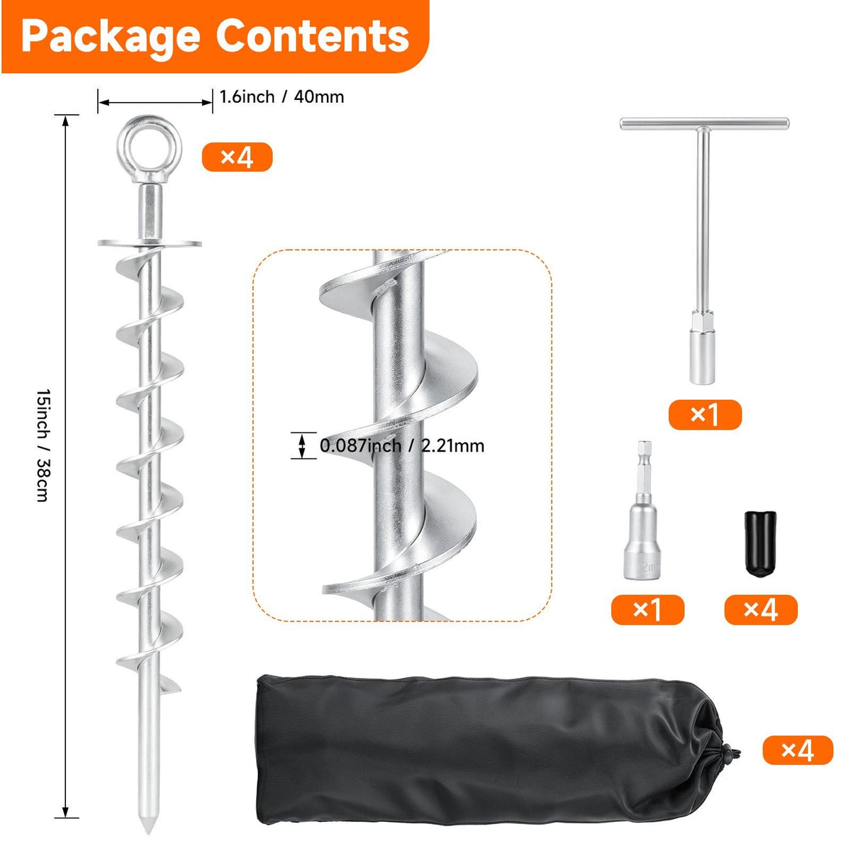 Heavy Duty Ground Anchors Screw in 4 Pack for Tent, Swing Set, Pergola - Rust-Resistant Steel