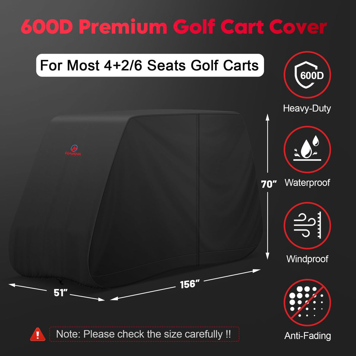 Heavy-Duty Waterproof 6 Passenger Golf Cart Cover - XXL Black