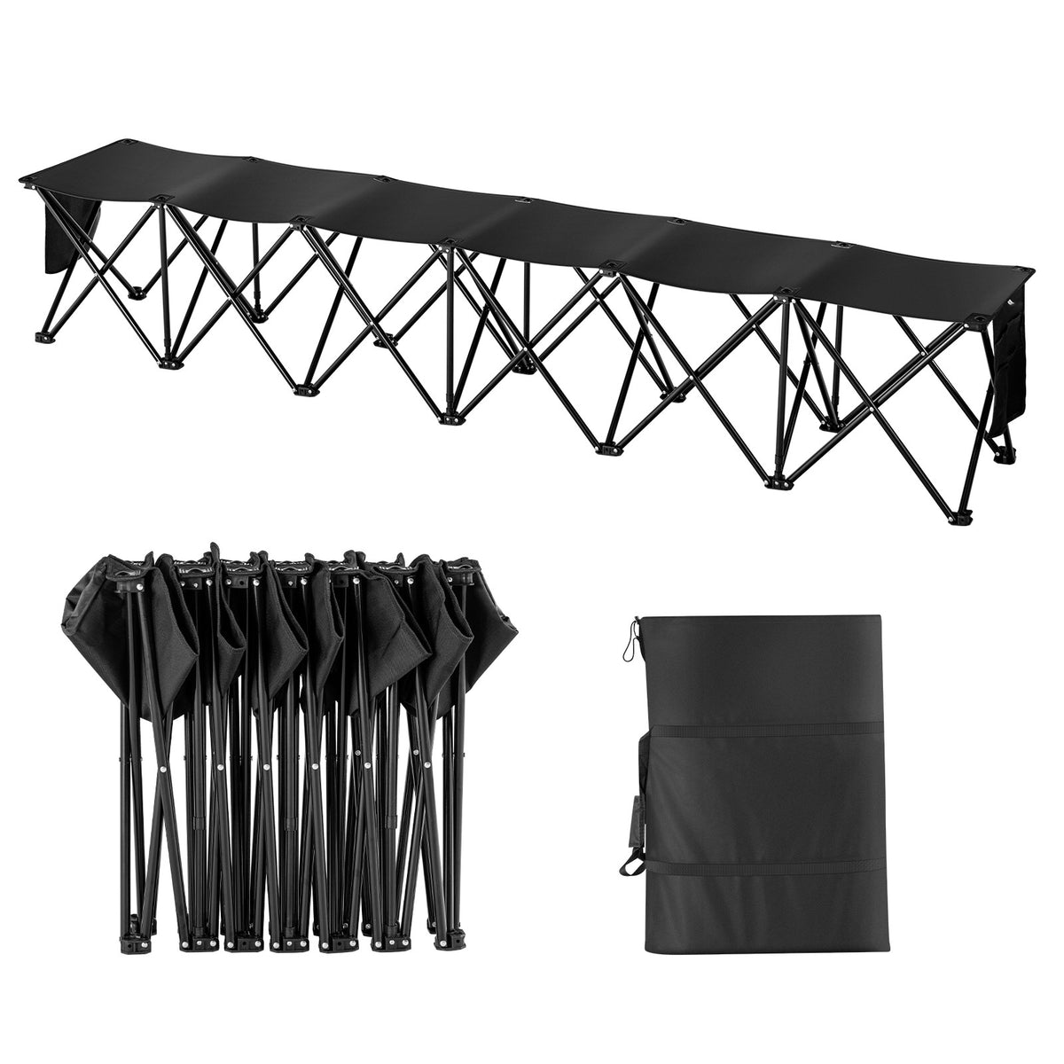 Portable Folding 6-Seat Sports Bench with Side Bag and Carry Bag - No Backrest