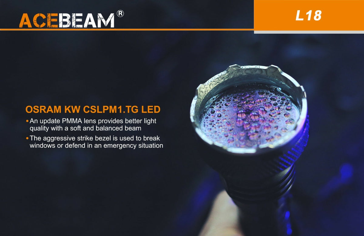 Acebeam L18 Long Throw LED Flashlight 1500 Lumen, 1km Range with Battery