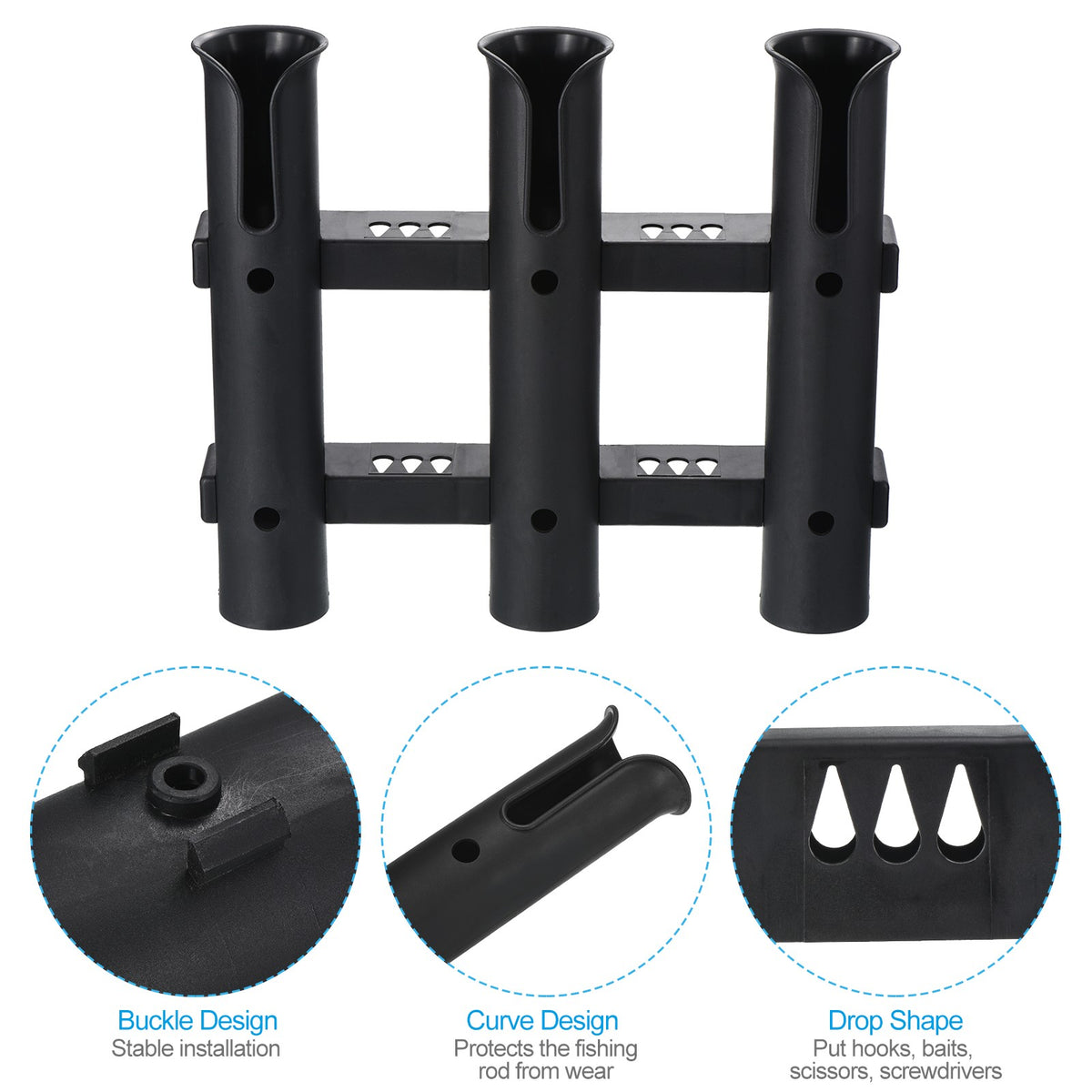 Wall-Mounted Fishing Rod Holder Set - 4 Pieces, Black, Multi-Tool Storage