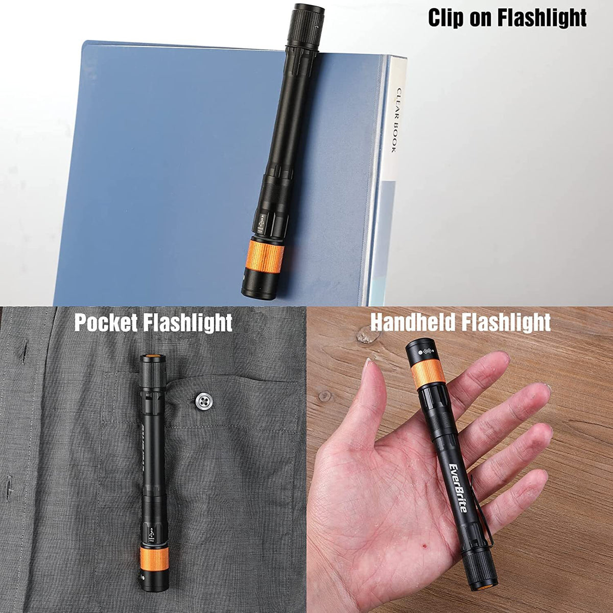 Rechargeable LED Pen Light Flashlight with Clip - 300 Lumens, Zoomable, USB-C