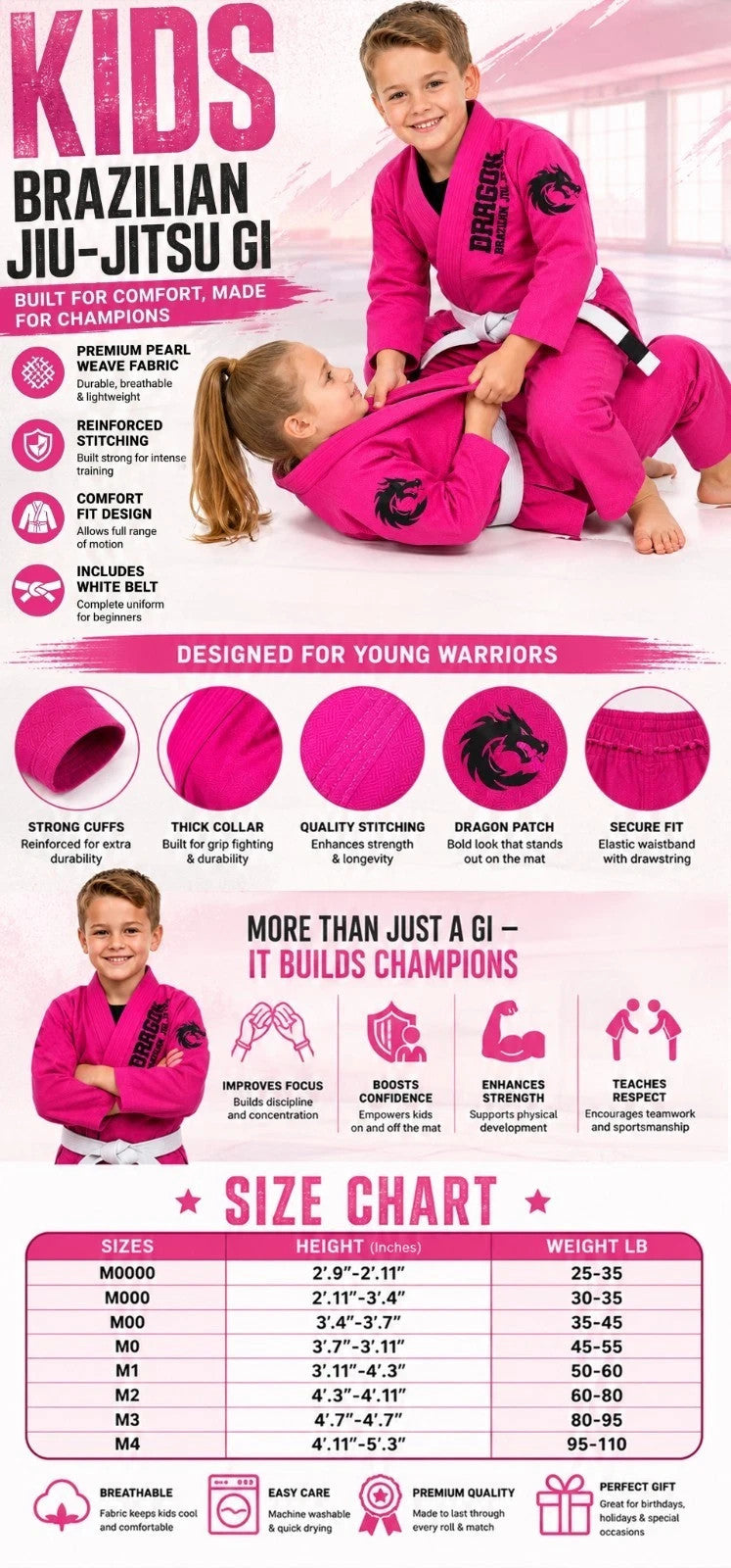 Kids Girls Pink BJJ Gi Suit with White Belt & Bag - Martial Arts Uniform