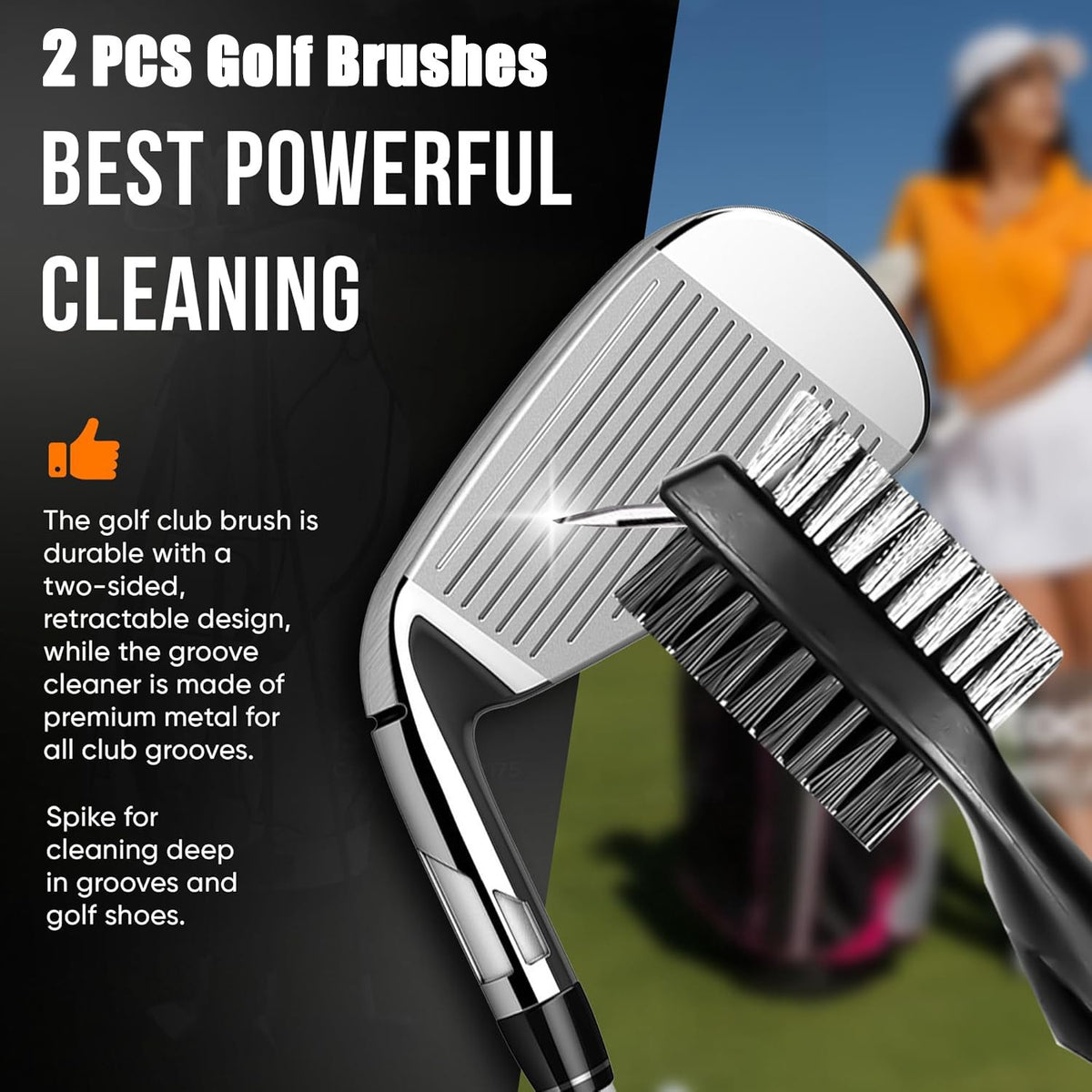 Golf Club Groove Brush Cleaner with Retractable Hook & Aluminum Carabiner