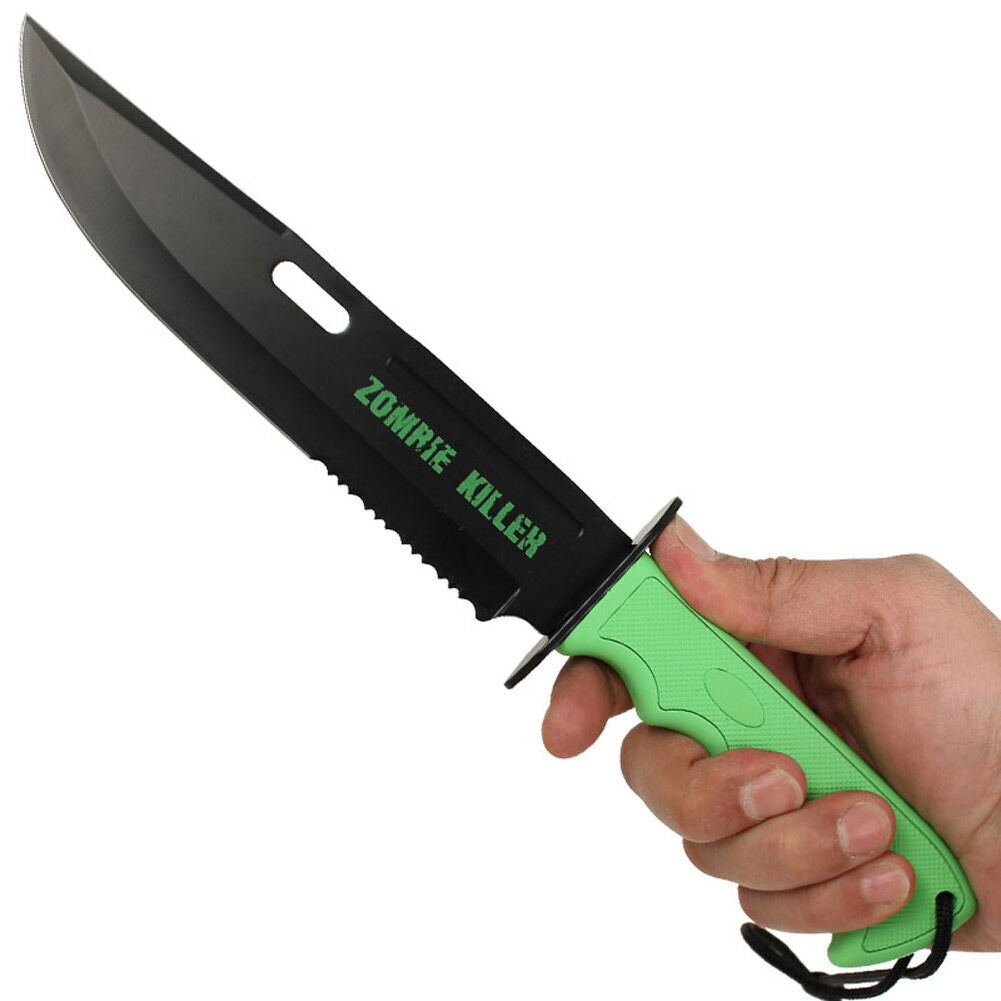 13-Inch Hunting Survival Combat Knife with Sheath - Black Blade, Green Handle
